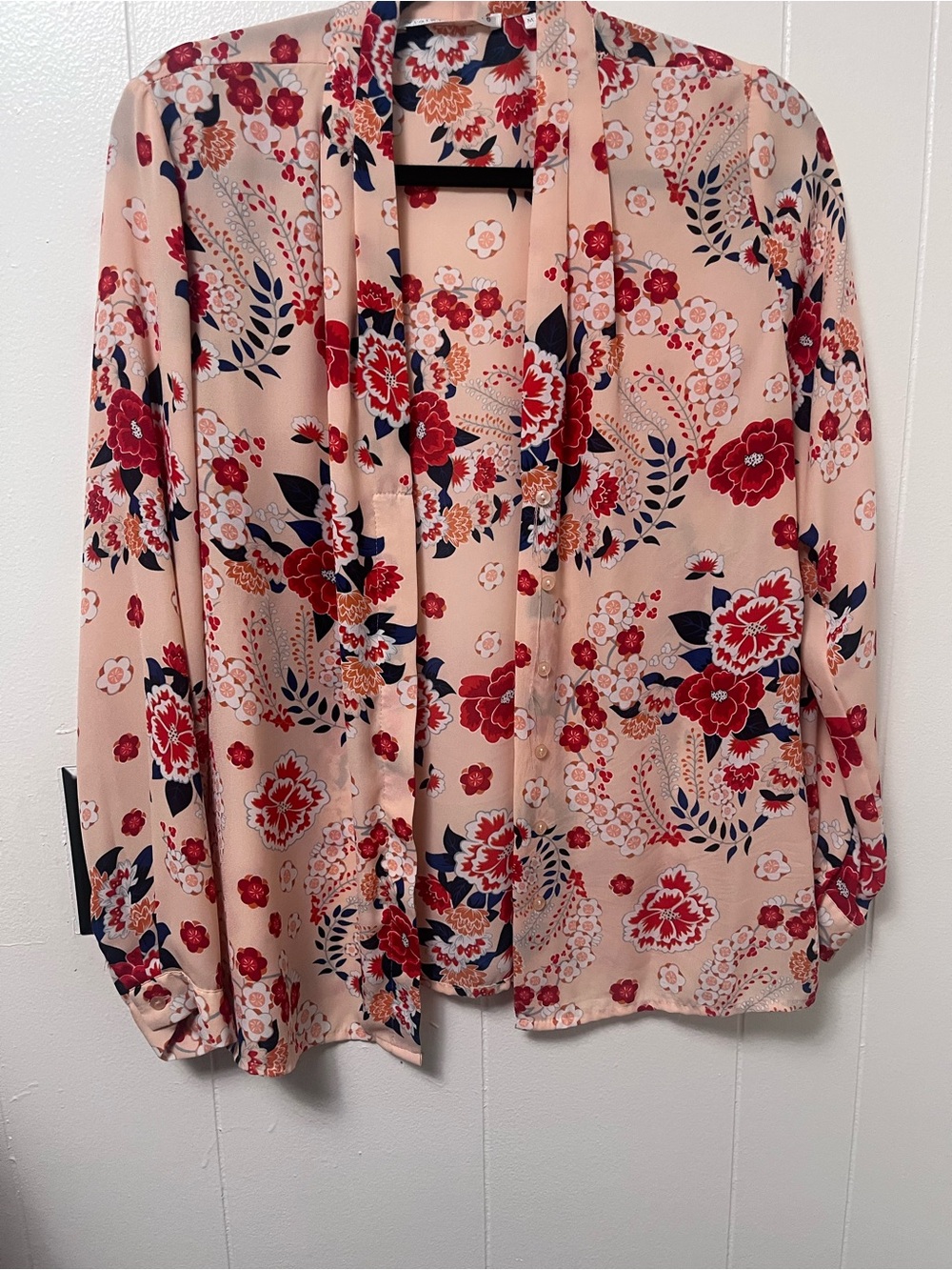 Violet & Claire Peach Floral Tie-Neck Blouse with Red & Navy Accents